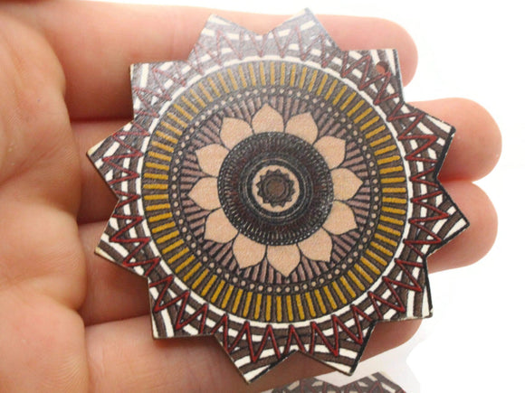 2 61mm Brown and Cream Printed Wood Flower Pendant Flat Wooden Beads Jewelry Making Beading Supplies