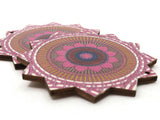 2 61mm Pink and Orange Printed Wood Flower Pendant Flat Wooden Beads Jewelry Making Beading Supplies