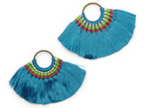 3.25 Inch Bright Sky Blue with Multi-Color Thread Tassels Fan Tassel Pendants Quantity 2 Jewelry Making Beading Supplies Focal Beads