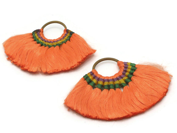 3.25 Inch Bright Orange with Multi-Color Thread Tassels Fan Tassel Pendants Quantity 2 Jewelry Making Beading Supplies Focal Beads