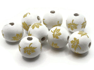 8 16mm White with Yellow Leaves Wood Beads Round Leaf Beads Wooden Beads Ball Beads Jewelry Making Beading Supplies Smileyboy