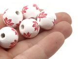 8 16mm White with Red Leaves Wood Beads Round Leaf Beads Wooden Beads Ball Beads Jewelry Making Beading Supplies Smileyboy