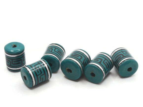 6 16mm Vintage Painted Clay Beads Teal Green Silver and Black Patterned Tube Beads Peruvian Clay Beads Jewelry Making Beading Supplies
