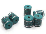6 16mm Vintage Painted Clay Beads Teal Green Silver and Black Patterned Tube Beads Peruvian Clay Beads Jewelry Making Beading Supplies