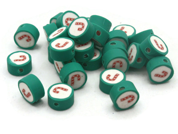 30 Candy Cane Polymer Clay Beads Green Bordered White and Red Beads Christmas Beads Small Loose Coin Beads Holiday Beads Jewelry Making