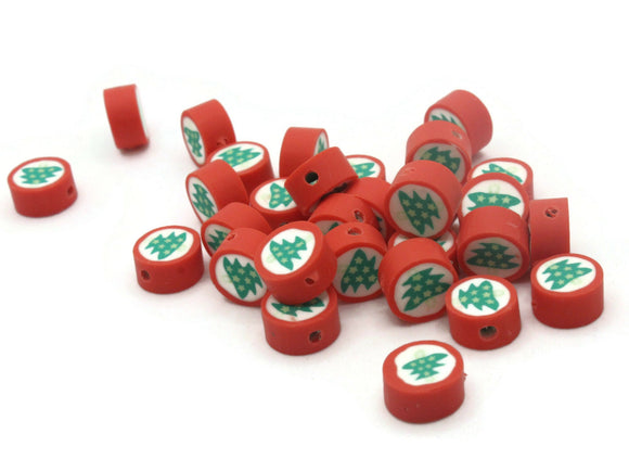 30 Christmas Tree Polymer Clay Beads Red Bordered Green and White Beads Christmas Beads Small Loose Coin Beads Holiday Beads Jewelry Making