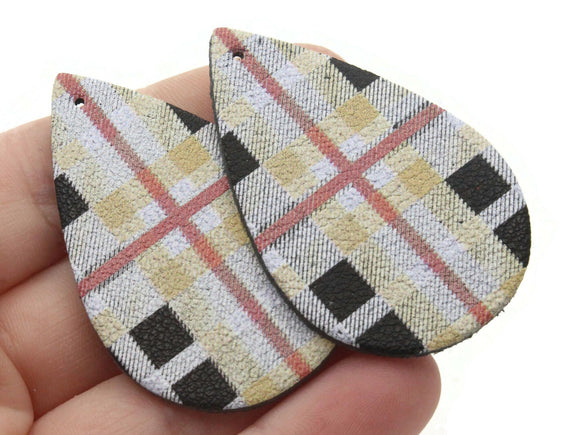 2 50mm Gray, Cream, Red, and Black Plaid Teardrop Leather Pendants Jewelry Making Beading Supplies Focal Beads Drop Beads