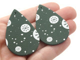 2 50mm Green and White Christmas Pattern Teardrop Leather Pendants Jewelry Making Beading Supplies Focal Beads Drop Beads