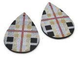 2 50mm Gray, Cream, Red, and Black Plaid Teardrop Leather Pendants Jewelry Making Beading Supplies Focal Beads Drop Beads
