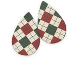 2 50mm Red, Green, and White Argyle Plaid Teardrop Leather Pendants Jewelry Making Beading Supplies Focal Beads Drop Beads