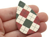 2 50mm Red, Green, and White Argyle Plaid Teardrop Leather Pendants Jewelry Making Beading Supplies Focal Beads Drop Beads