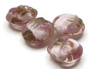 4 16mm Pink Flower Lampwork Glass Beads Puffed Coin Beads Jewelry Making Beading Supplies Loose Beads to String