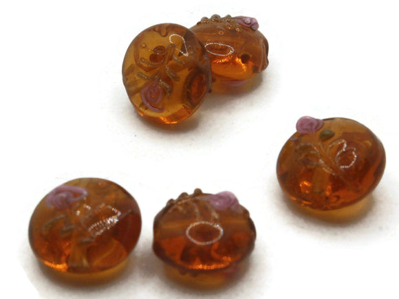5 16mm Orange Flower Lampwork Glass Beads Puffed Coin Beads Jewelry Making Beading Supplies Loose Beads to String