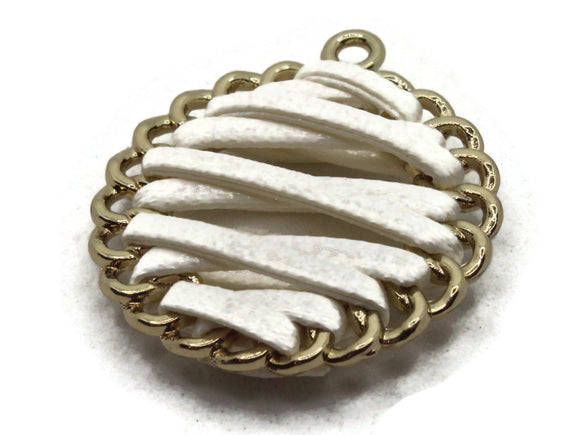32mm White Imitation Leather Wrapped Golden Alloy Pendant Round Pendants Round Charms Jewelry Making Beading Supplies