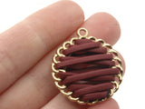 32mm Brown Imitation Leather Wrapped Golden Alloy Pendant Round Pendants Round Charms Jewelry Making Beading Supplies