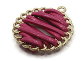 32mm Pink Imitation Leather Wrapped Golden Alloy Pendant Round Pendants Round Charms Jewelry Making Beading Supplies