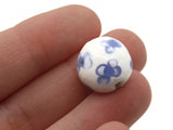 4 16mm Blue Flower White Lampwork Glass Beads Floral Puffed Coin Beads Jewelry Making Beading Supplies Flat Round Beads to String