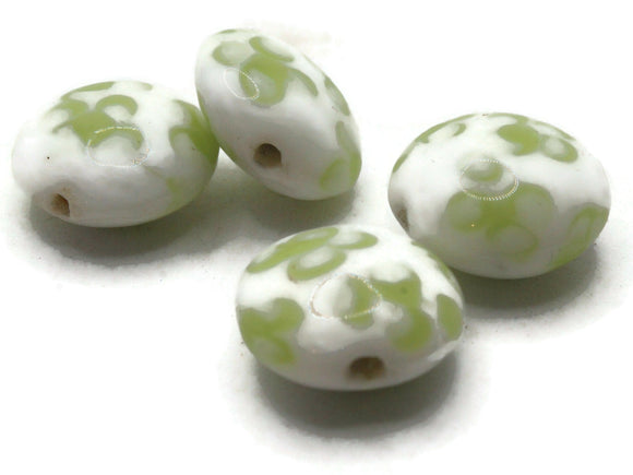 4 16mm Green Flower White Lampwork Glass Beads Floral Puffed Coin Beads Jewelry Making Beading Supplies Flat Round Beads to String