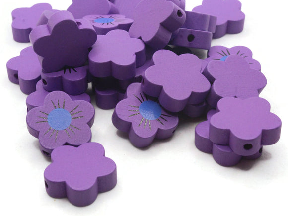 30 20mm Purple Flower with Blue Center Flat Floral Wood Beads Jewelry Making Beading Supplies