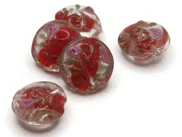 5 16mm Red Flower Lampwork Glass Beads Puffed Coin Beads Jewelry Making Beading Supplies Loose Beads to String