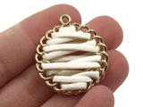 32mm White Imitation Leather Wrapped Golden Alloy Pendant Round Pendants Round Charms Jewelry Making Beading Supplies