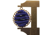 32mm Blue Imitation Leather Wrapped Golden Alloy Pendant Round Pendants Round Charms Jewelry Making Beading Supplies
