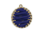 32mm Blue Imitation Leather Wrapped Golden Alloy Pendant Round Pendants Round Charms Jewelry Making Beading Supplies