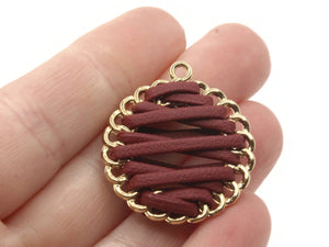 32mm Brown Imitation Leather Wrapped Golden Alloy Pendant Round Pendants Round Charms Jewelry Making Beading Supplies