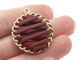 32mm Brown Imitation Leather Wrapped Golden Alloy Pendant Round Pendants Round Charms Jewelry Making Beading Supplies