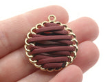 32mm Brown Imitation Leather Wrapped Golden Alloy Pendant Round Pendants Round Charms Jewelry Making Beading Supplies