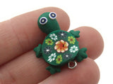 4 Green Turtles with Flowers on the Shell Turtle Charms Tortoise Links Beads Jewelry Making Beading Supplies Polymer Clay Turtle Beads