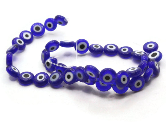 38 10mm Royal Blue and White Evil Eye Beads Small Smooth Flat Round Coin Beads Full Strand Glass Beads Jewelry Making Beading Supplies